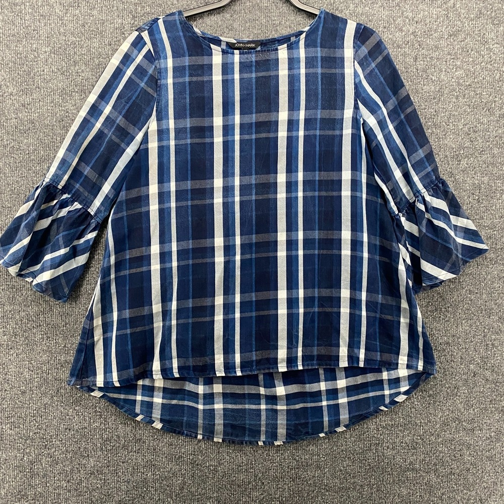 John Mark Blouse Top Womens XS Blue Plaid Tencel Bell Sleeve Boho Western Casual